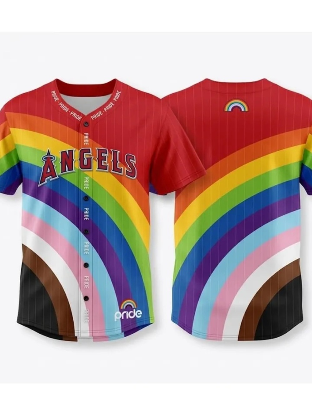 Los Angeles Angels Rainbow Pride Button-Up Baseball Jersey in Red-  Medium